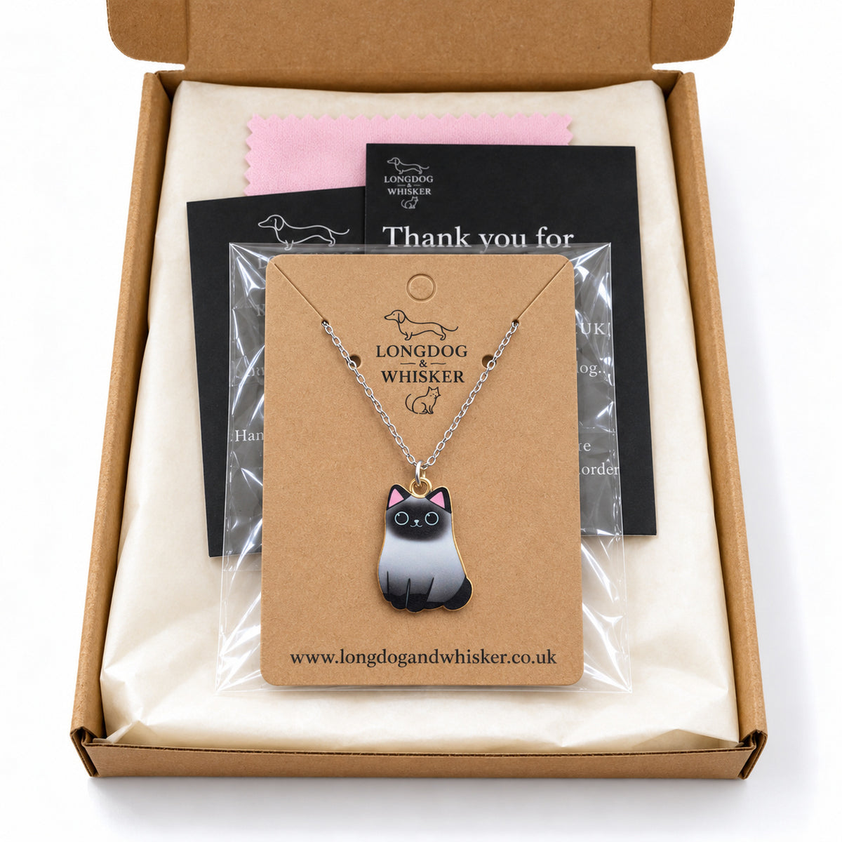 Siamese Chonky Cat Necklace in gift-ready Longdog & Whisker packaging