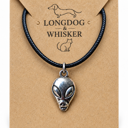 Close-up detail of Silver Alien Head Necklace