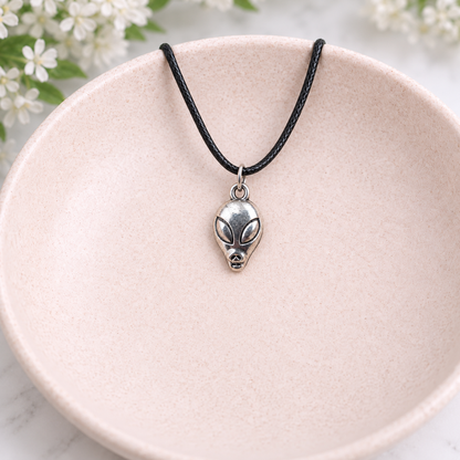 Silver Alien Head Necklace displayed in a pale pink bowl