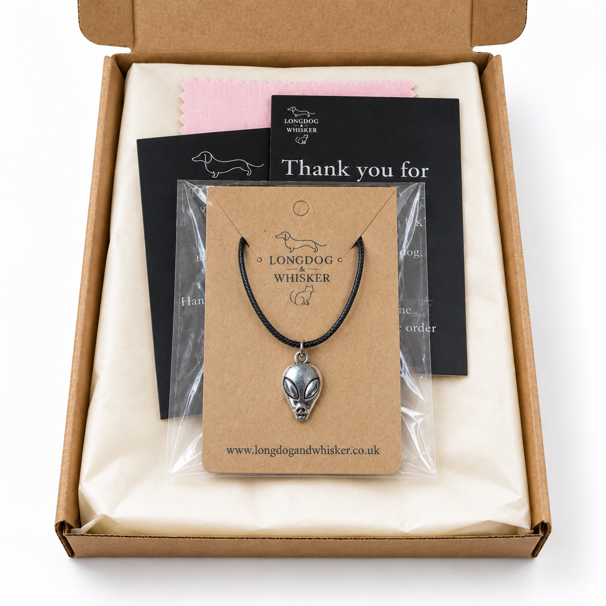 Silver Alien Head Necklace in Longdog & Whisker gift packaging