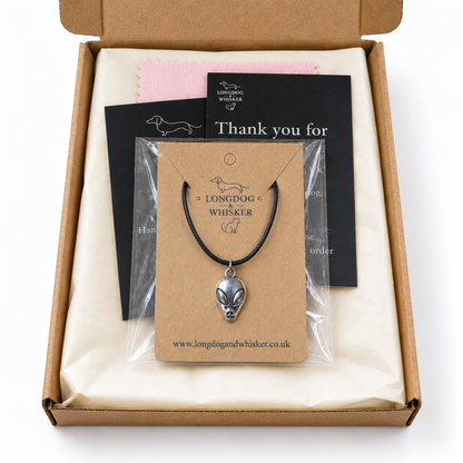 Silver Alien Head Necklace in Longdog & Whisker gift packaging