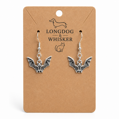 Silver Bat Drop Earrings on Longdog & Whisker product card