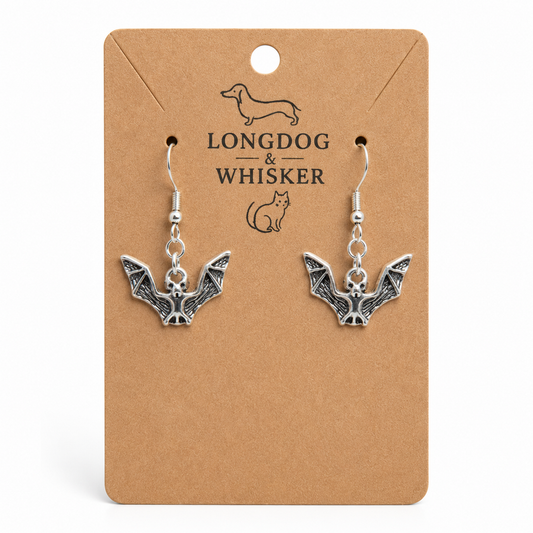 Silver Bat Drop Earrings on Longdog & Whisker product card