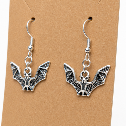 Close-up detail of Silver Bat Drop Earrings