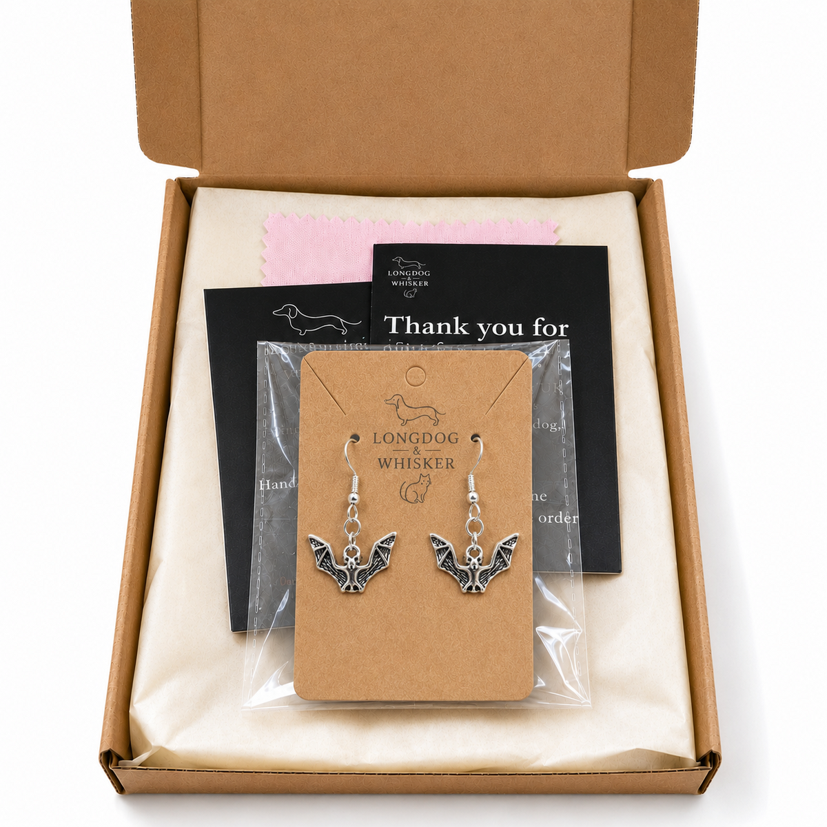 Silver Bat Drop Earrings in Longdog & Whisker gift packaging
