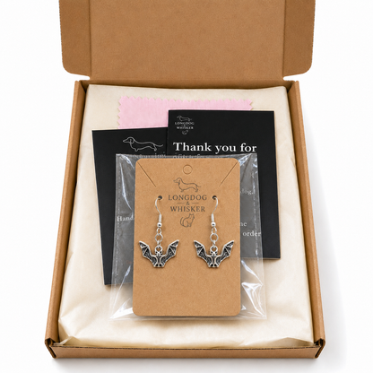 Silver Bat Drop Earrings in Longdog & Whisker gift packaging