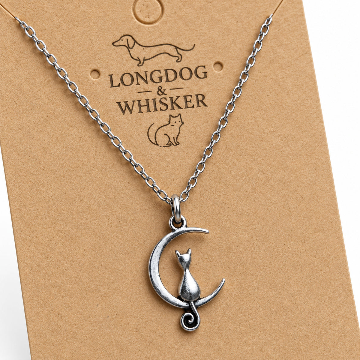 Close-up of the silver cat and crescent moon pendant, curled tail and chain.