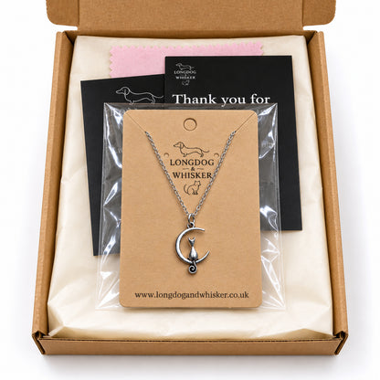Silver cat and crescent moon necklace in Longdog & Whisker postal packaging.