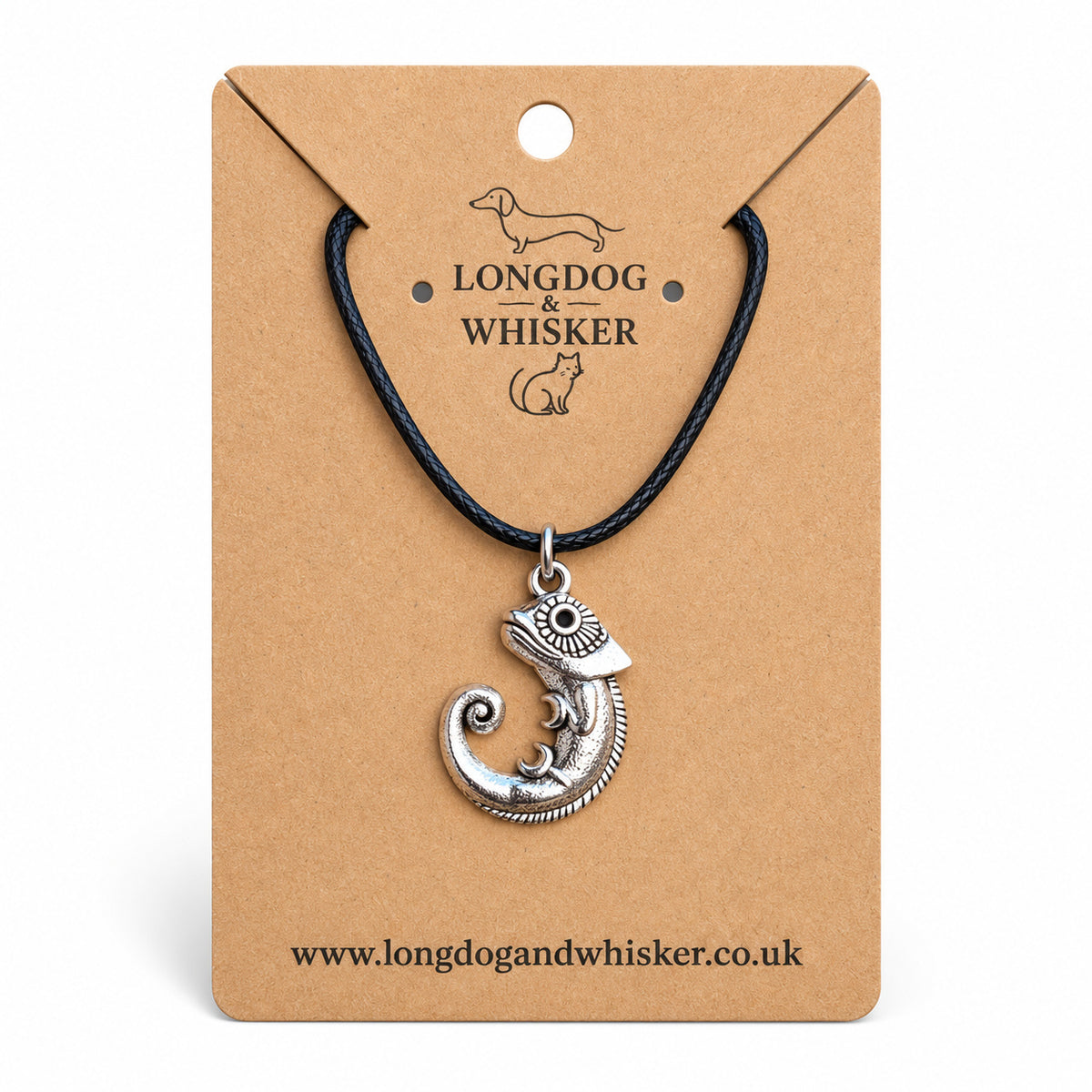Silver-tone chameleon necklace on black cord on a Longdog & Whisker kraft card