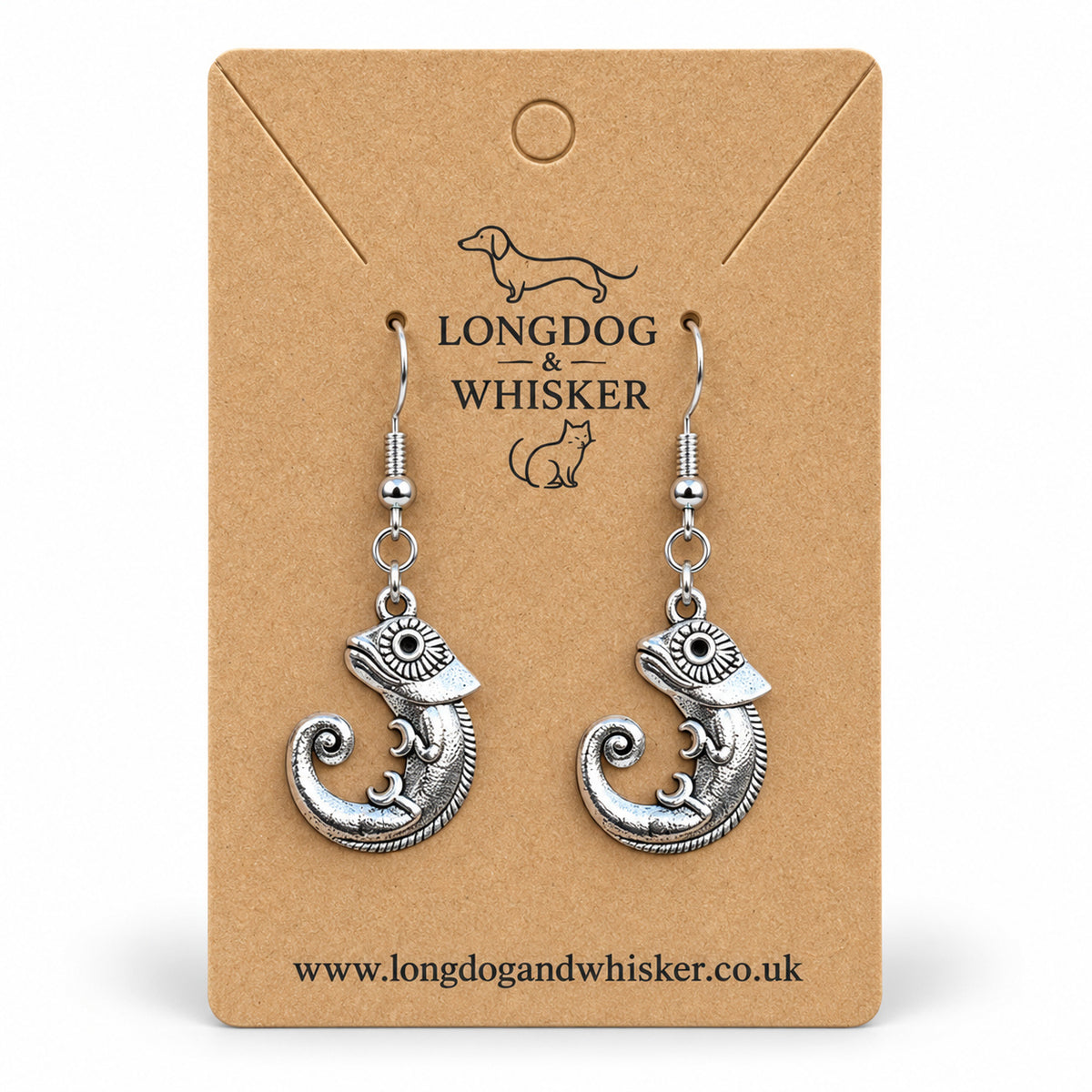 Silver-tone chameleon drop earrings on a Longdog & Whisker kraft card