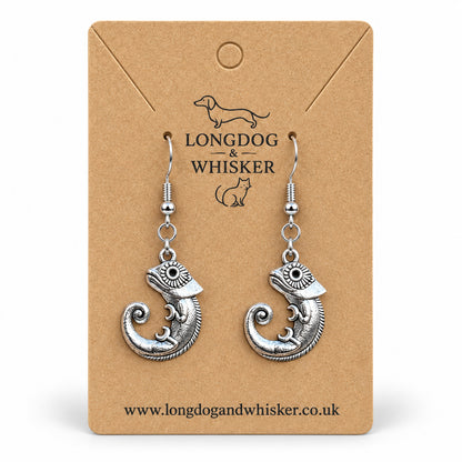 Silver-tone chameleon drop earrings on a Longdog & Whisker kraft card