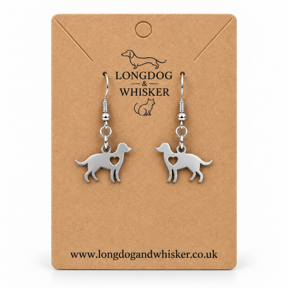 Silver Dog Lover’s Heart Earrings displayed as an inward-facing pair on a Longdog & Whisker kraft card