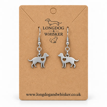 Silver Dog Lover’s Heart Earrings displayed as an inward-facing pair on a Longdog & Whisker kraft card