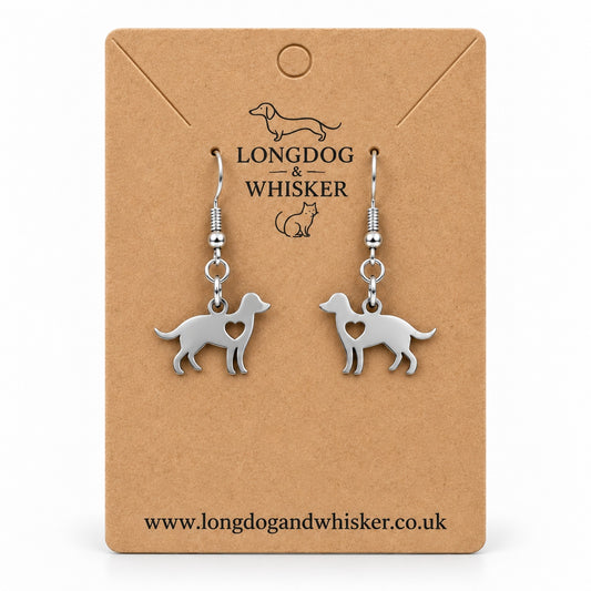 Silver Dog Lover’s Heart Earrings displayed as an inward-facing pair on a Longdog & Whisker kraft card