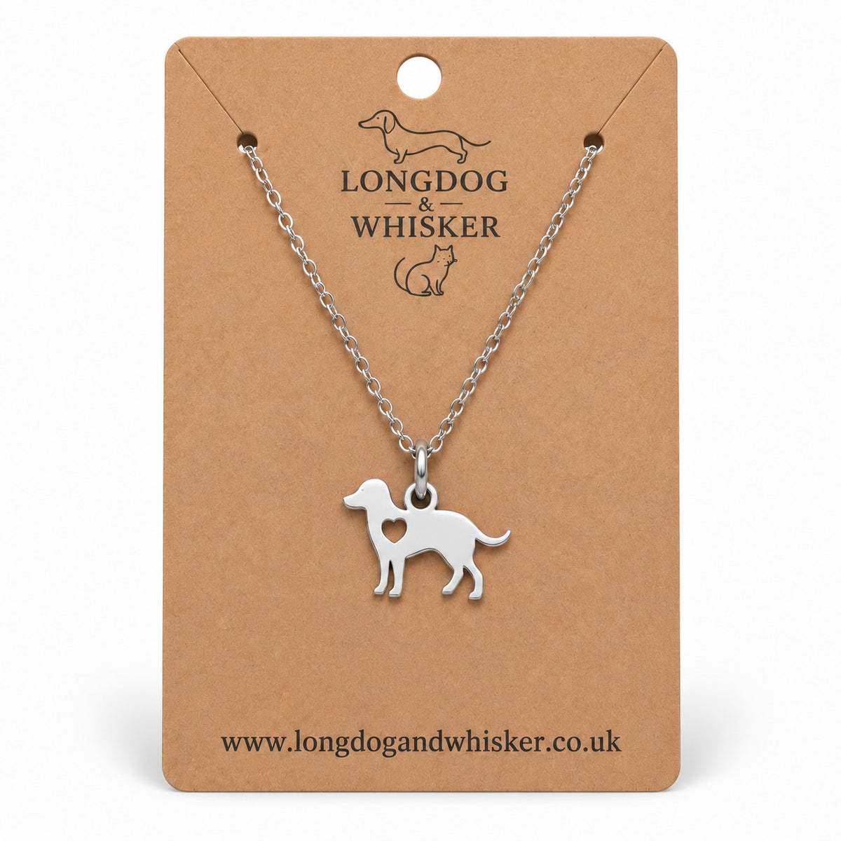 Silver Dog Lover’s Heart Necklace on a silver-tone chain displayed on a Longdog & Whisker kraft card
