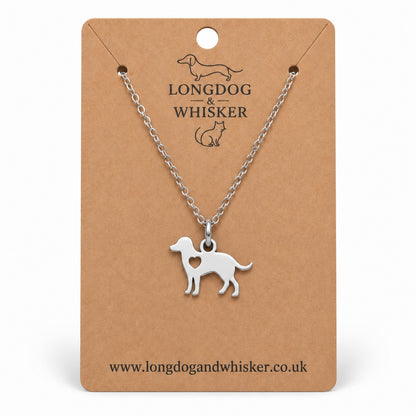 Silver Dog Lover’s Heart Necklace on a silver-tone chain displayed on a Longdog & Whisker kraft card