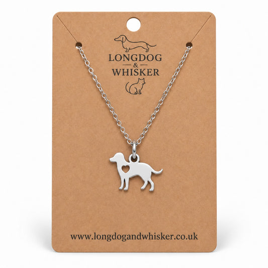 Silver Dog Lover’s Heart Necklace on a silver-tone chain displayed on a Longdog & Whisker kraft card