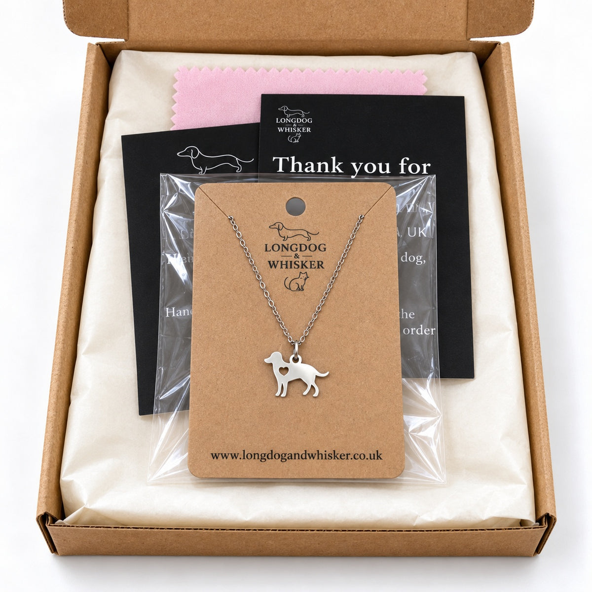 Silver Dog Lover’s Heart Necklace in gift-ready Longdog & Whisker packaging