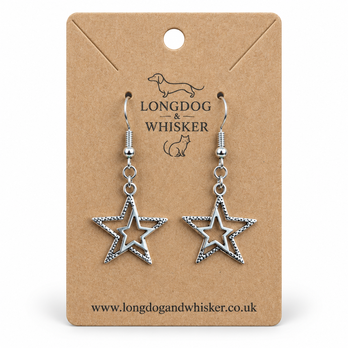 Silver double star drop earrings on a Longdog & Whisker kraft display card.
