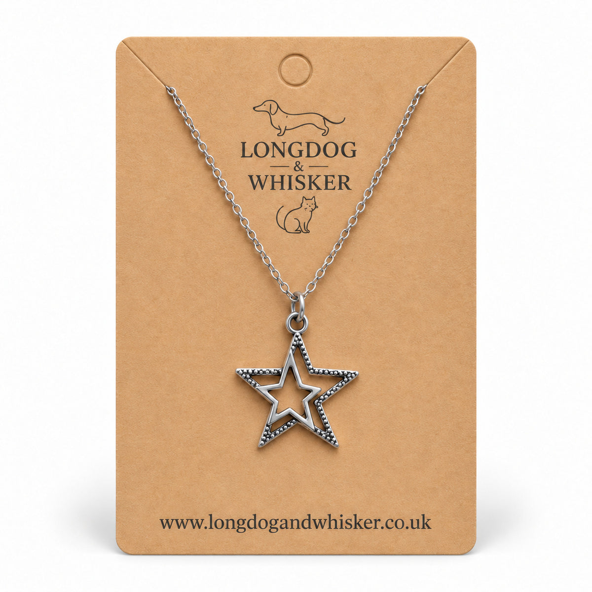 Silver double star necklace on a Longdog & Whisker kraft card.