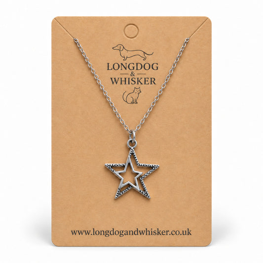 Silver double star necklace on a Longdog & Whisker kraft card.