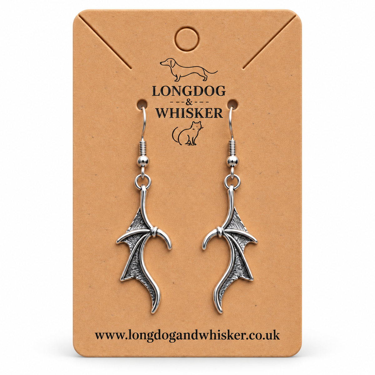 Silver Dragon Wing Drop Earrings on Longdog & Whisker kraft card