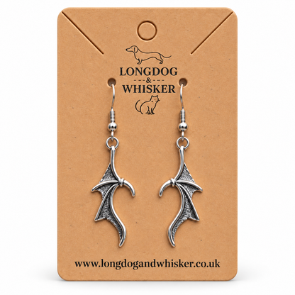 Silver Dragon Wing Drop Earrings on Longdog & Whisker kraft card