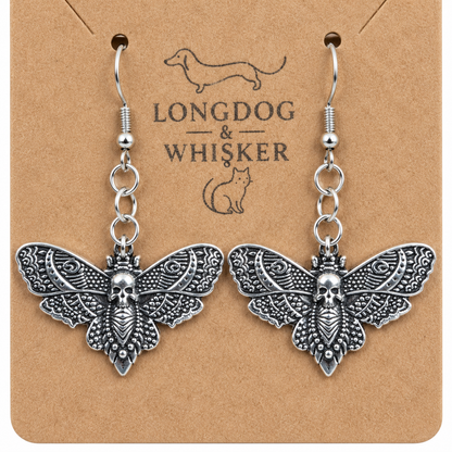 Close-up of Silver Skull Moth Earrings and drop hardware