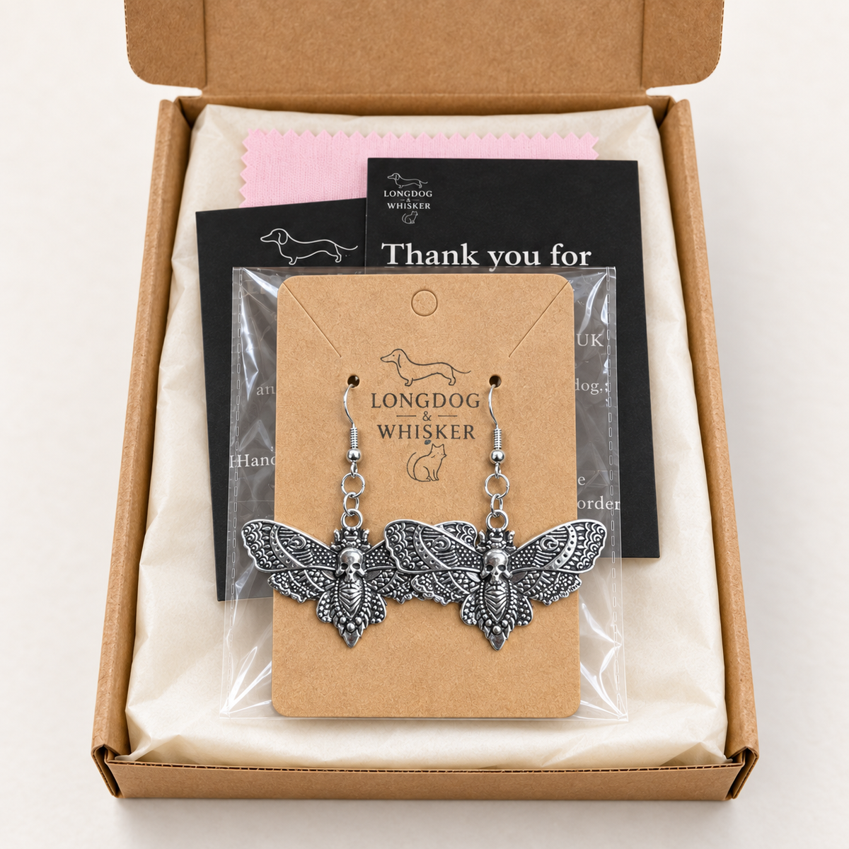 Silver Skull Moth Earrings in Longdog & Whisker gift packaging