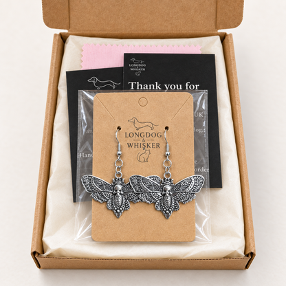 Silver Skull Moth Earrings in Longdog & Whisker gift packaging