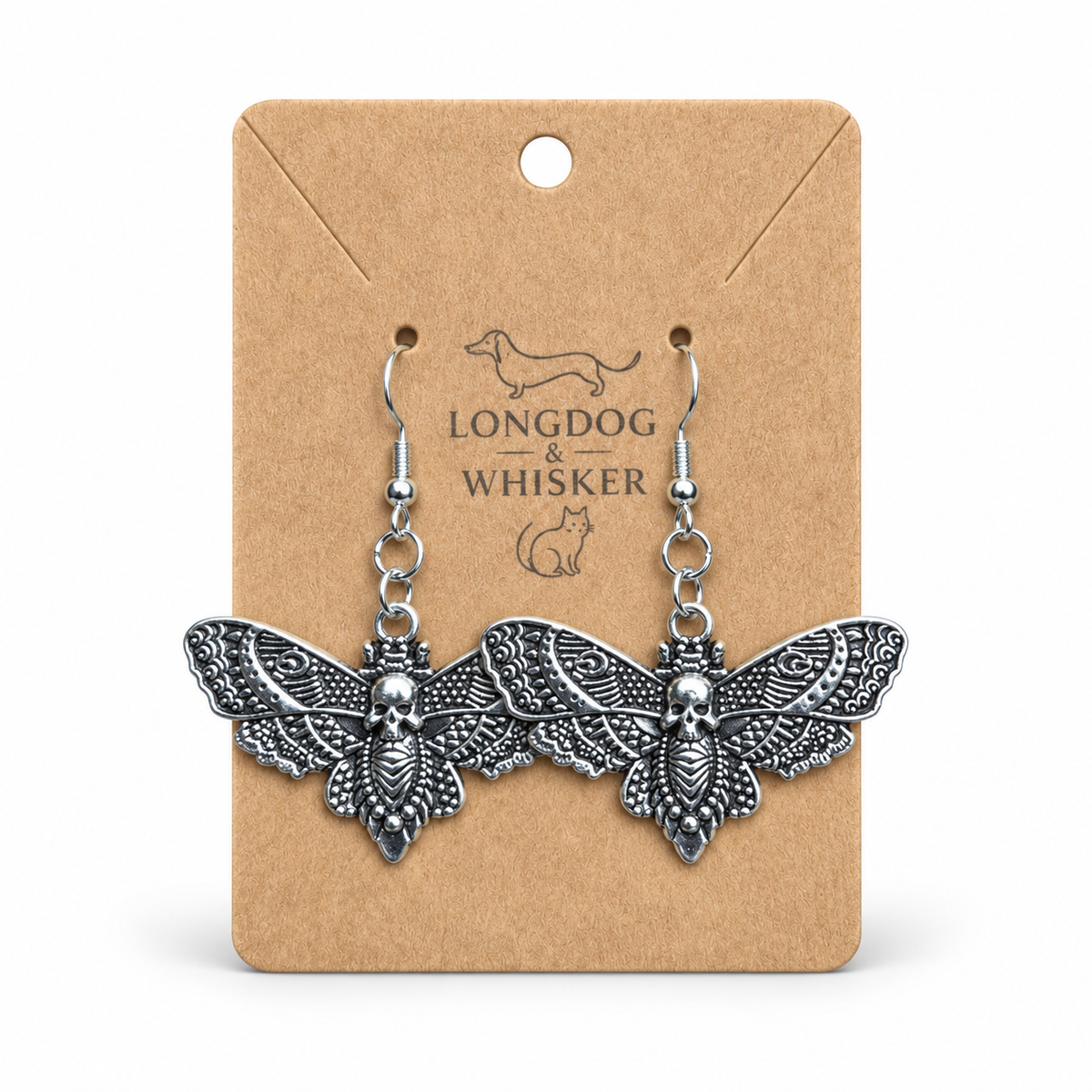 Silver Skull Moth Earrings on Longdog & Whisker display card