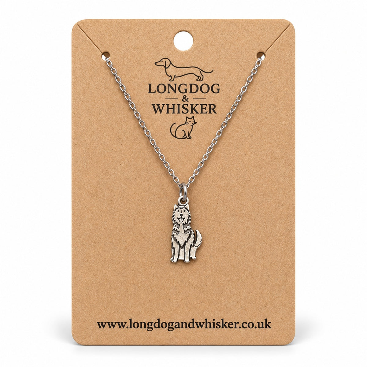 Silver Husky Necklace on a silver-tone chain displayed on a Longdog & Whisker kraft card