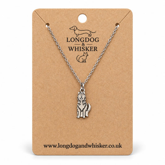 Silver Husky Necklace on a silver-tone chain displayed on a Longdog & Whisker kraft card