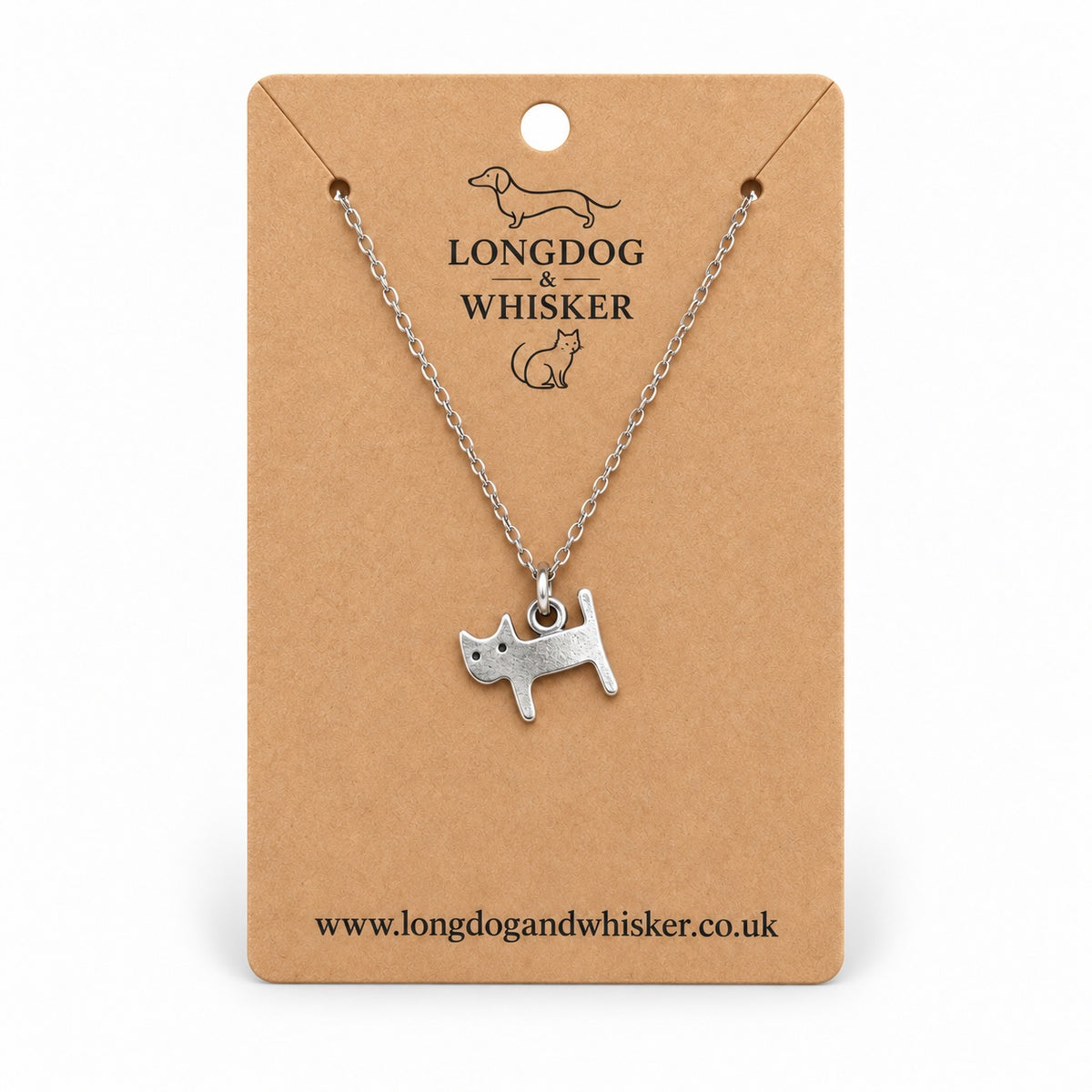 Silver Little Cat Necklace on a silver-tone chain displayed on a Longdog & Whisker kraft card