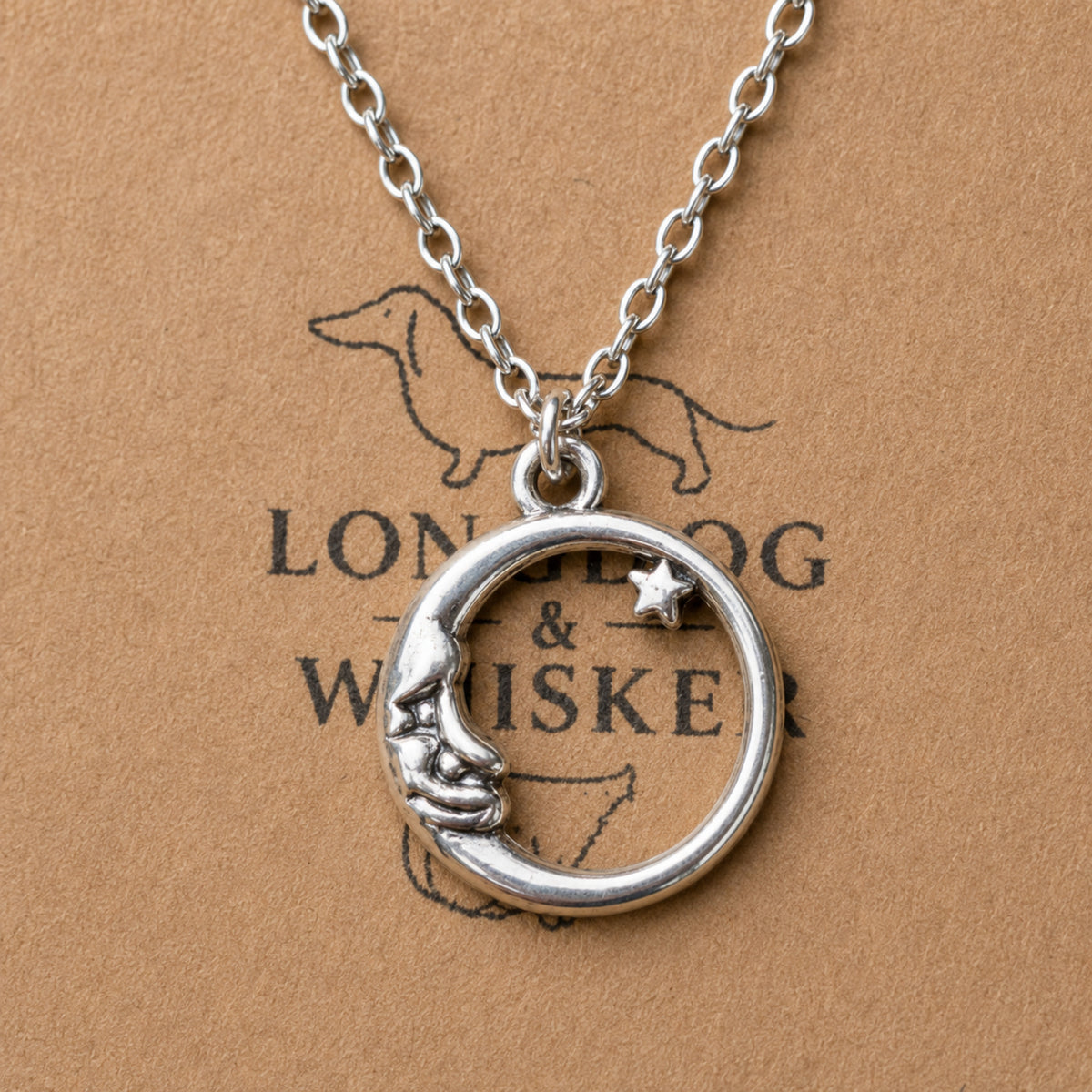 Close-up of silver crescent moon and star necklace pendant