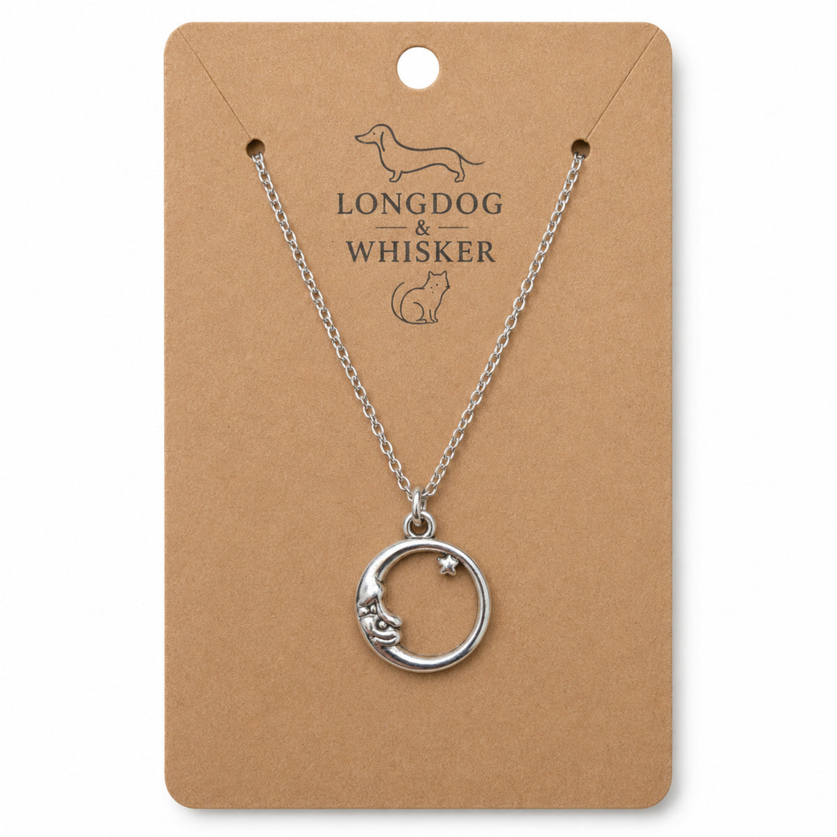 Silver moon and star necklace on Longdog & Whisker product card