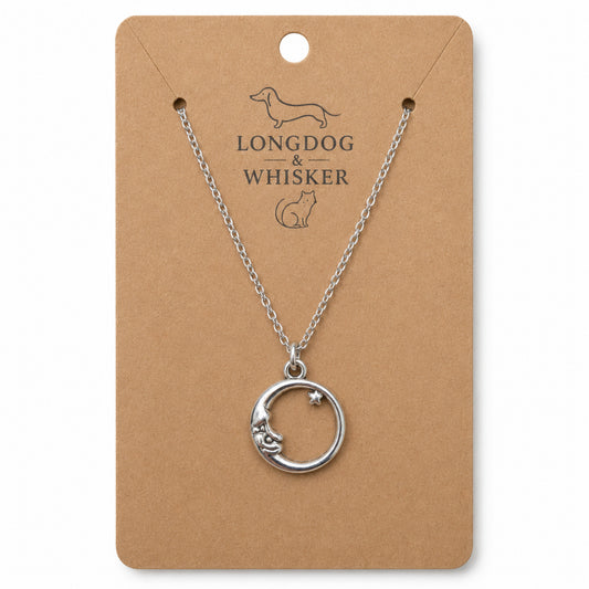 Silver moon and star necklace on Longdog & Whisker product card