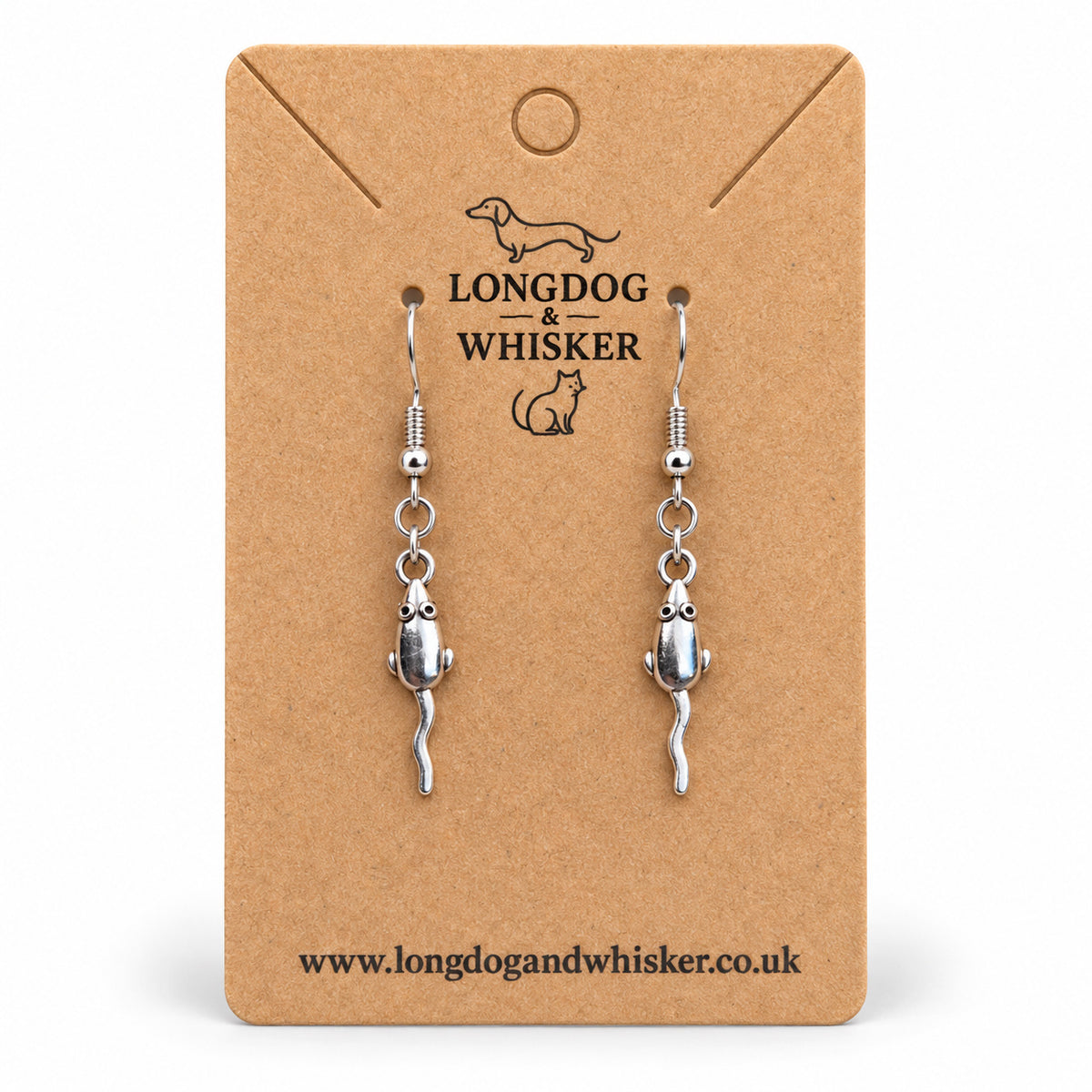 Silver-tone mouse drop earrings on a Longdog & Whisker kraft card