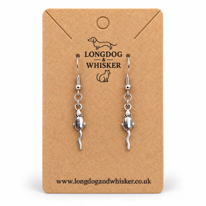 Silver-tone mouse drop earrings on a Longdog & Whisker kraft card