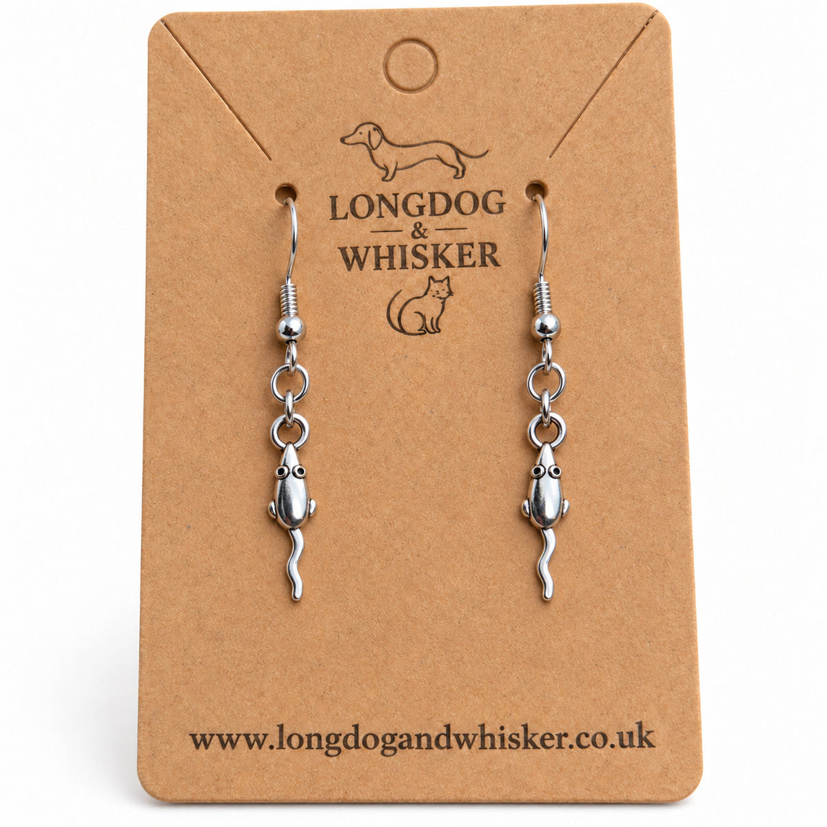 Close-up of the mouse earrings' tiny ears, rounded bodies, wavy tails and linked connectors