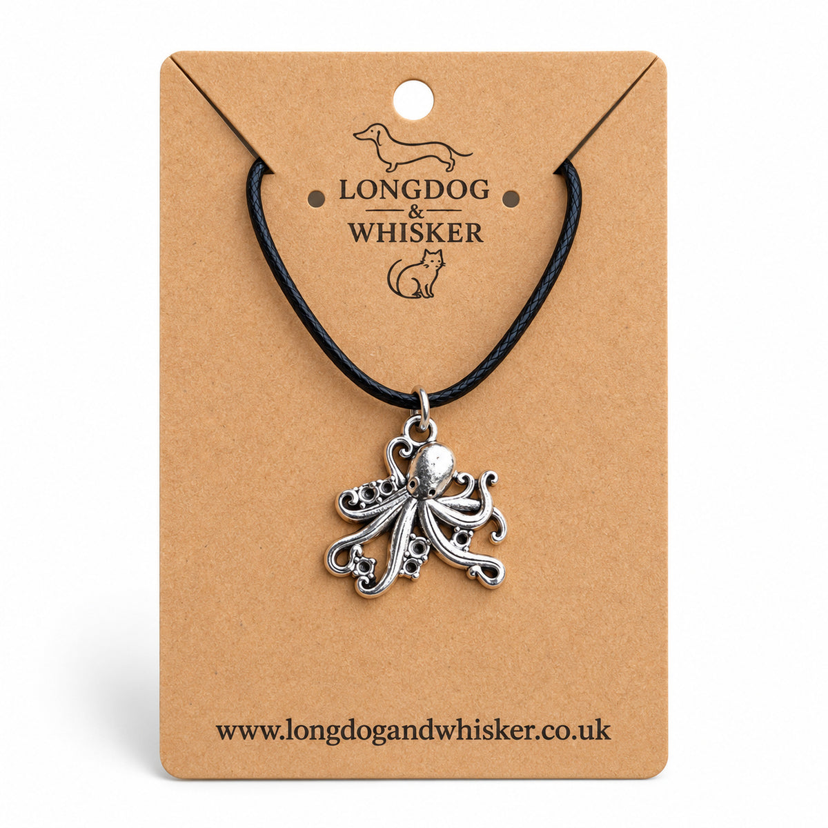 Silver-tone octopus necklace on black cord on a Longdog & Whisker kraft card