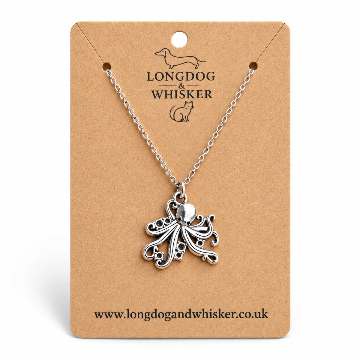 Silver-tone octopus necklace on a silver-tone chain on a Longdog & Whisker kraft card