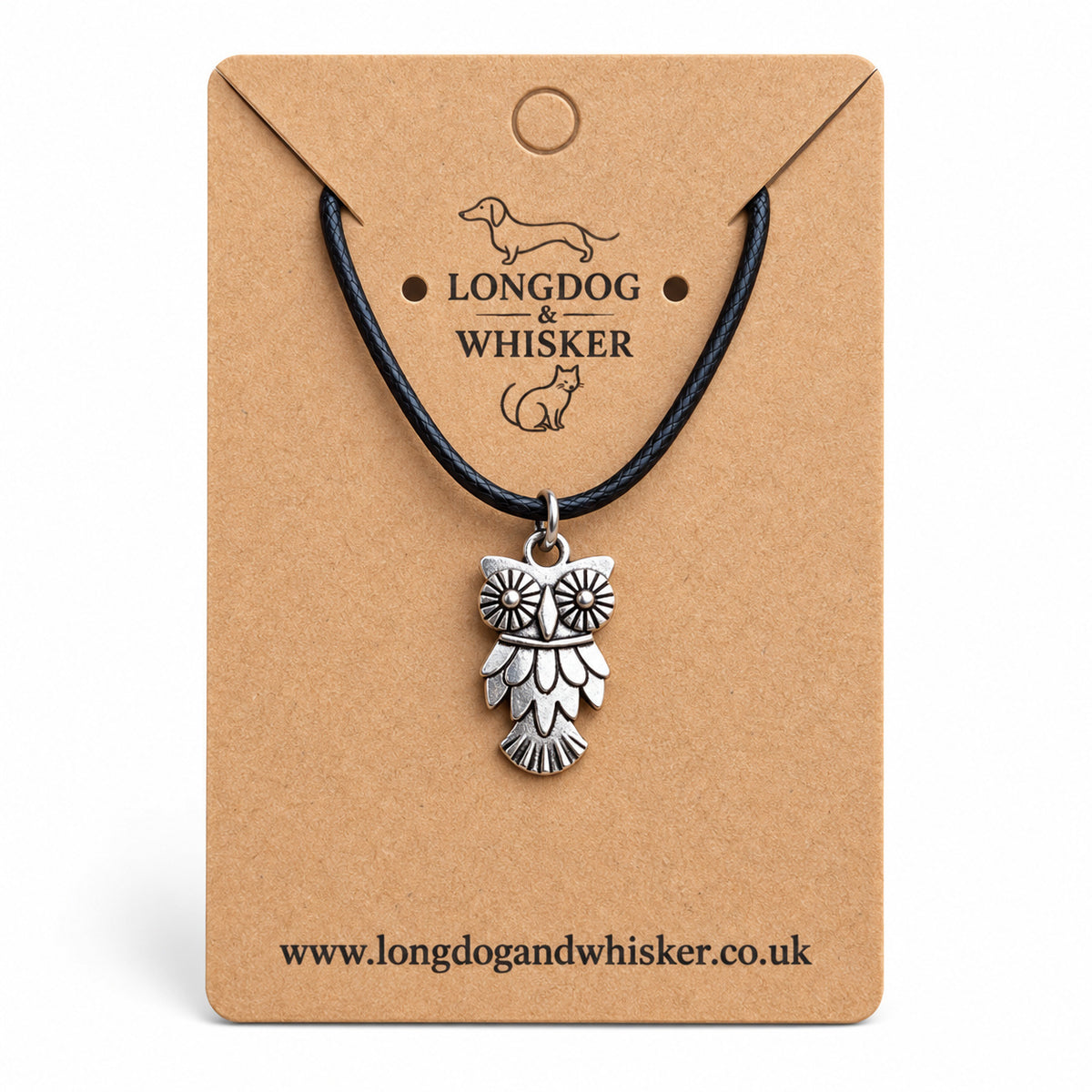Silver-tone owl necklace on black cord on a Longdog & Whisker kraft card
