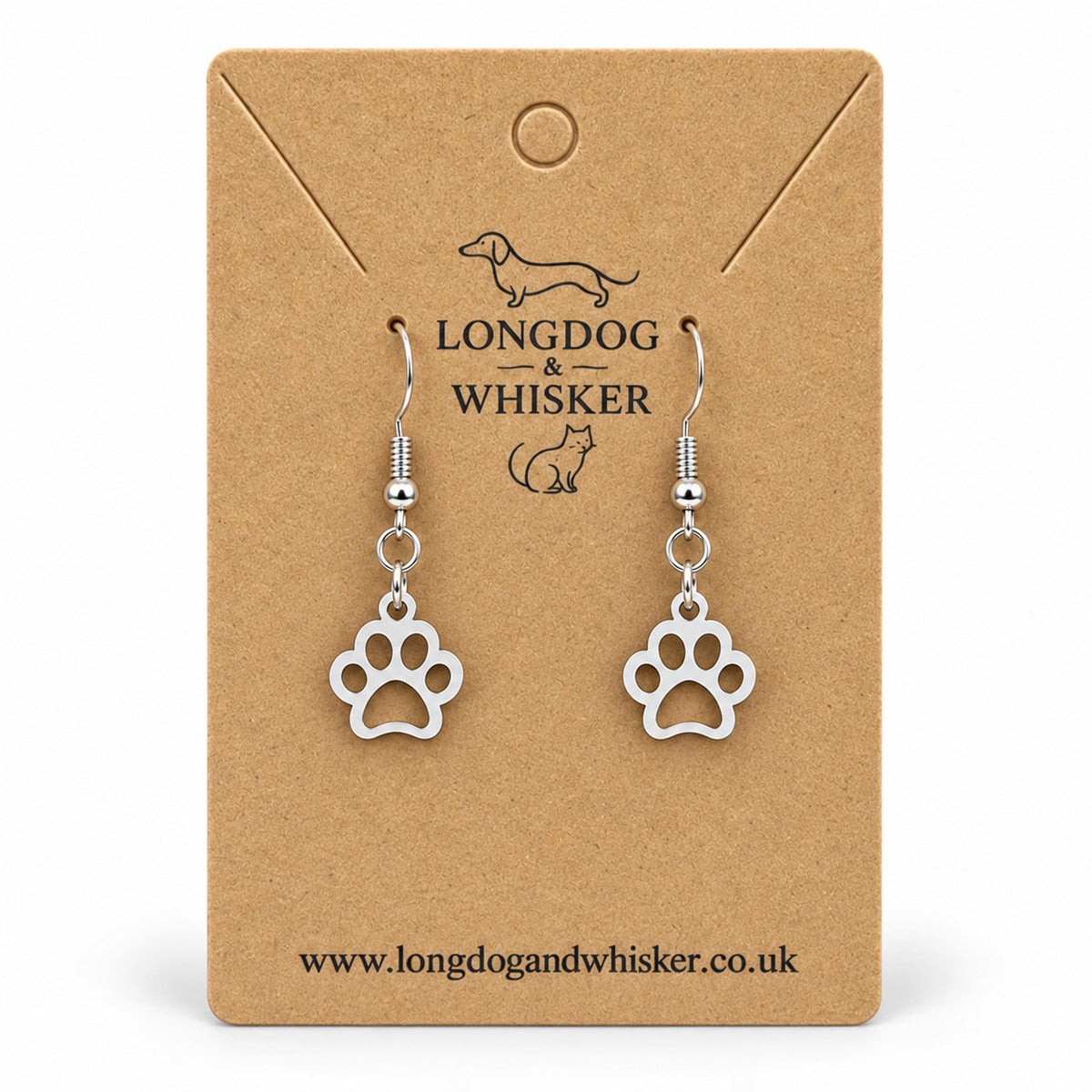 Silver openwork paw print drop earrings on Longdog & Whisker kraft card