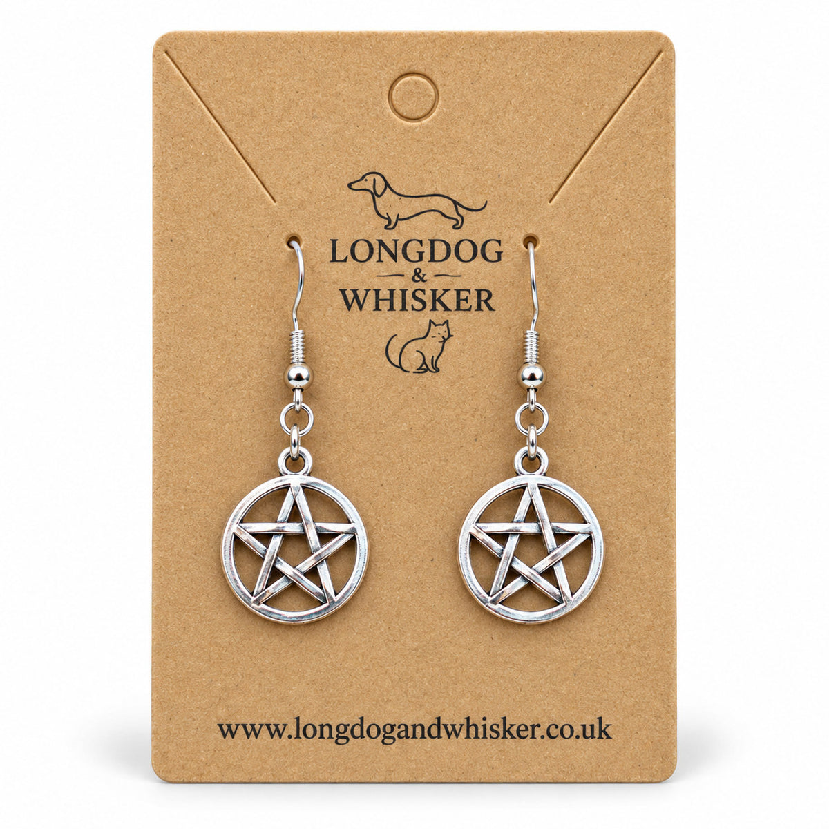 Silver pentagram circle drop earrings on Longdog & Whisker kraft card