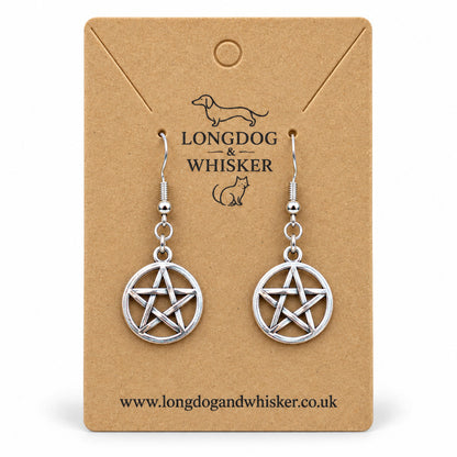 Silver pentagram circle drop earrings on Longdog & Whisker kraft card