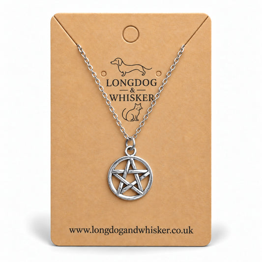 Silver pentagram circle necklace on a silver-tone chain displayed on a Longdog & Whisker kraft card.
