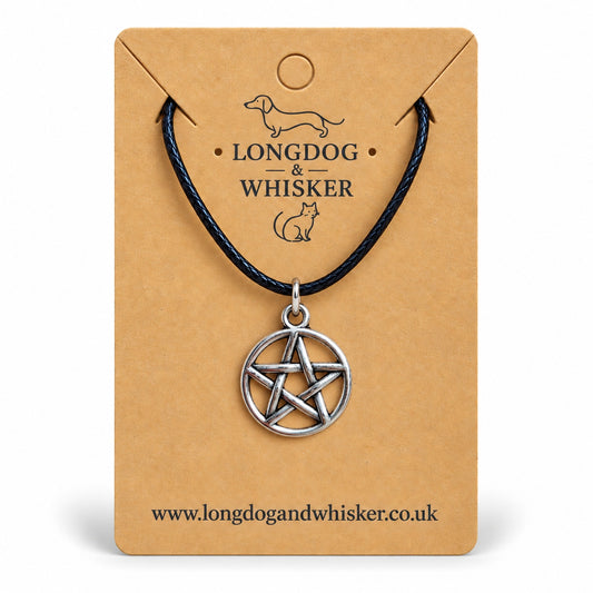Silver pentagram circle necklace on black cord displayed on a Longdog & Whisker kraft card.