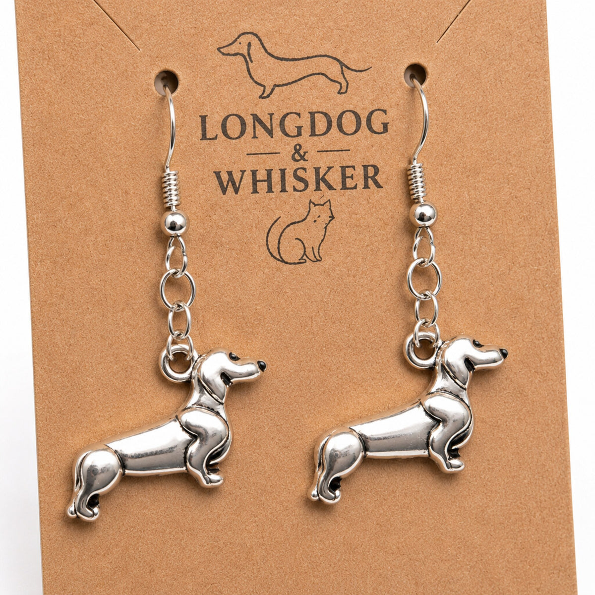 Close-up detail of Sausage Dog Earrings - Brushed Silver
