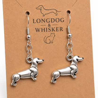 Close-up detail of Sausage Dog Earrings - Brushed Silver